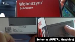 "Elfarm"dan alınmış "Wobenzym"in qutusunun üzərində Rusiya Federasiyasının qeydiyyat sertifikatının nömrəsi var. İstehsal tarixi: Noyabr 2022