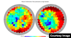 Изображение коллаборации Planck: усредненное излучение пыли на 150 ГГц: от темно-красного (самое сильное) к темно синему (самое слабое). Участок, наблюдавшийся BICEP2, выделен на правом изображении. Видно, что чуть южнее (ближе к центру) есть более перспективные участки