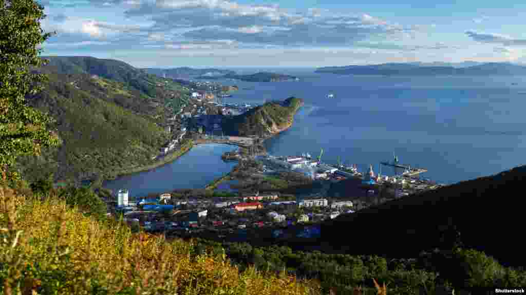 View of Petropavlovsk-Kamchatsky City, Avacha Bay (Avachinskaya Bay) and Pacific Ocean. Kamchatka Peninsula, Russian Far East, Eurasia.